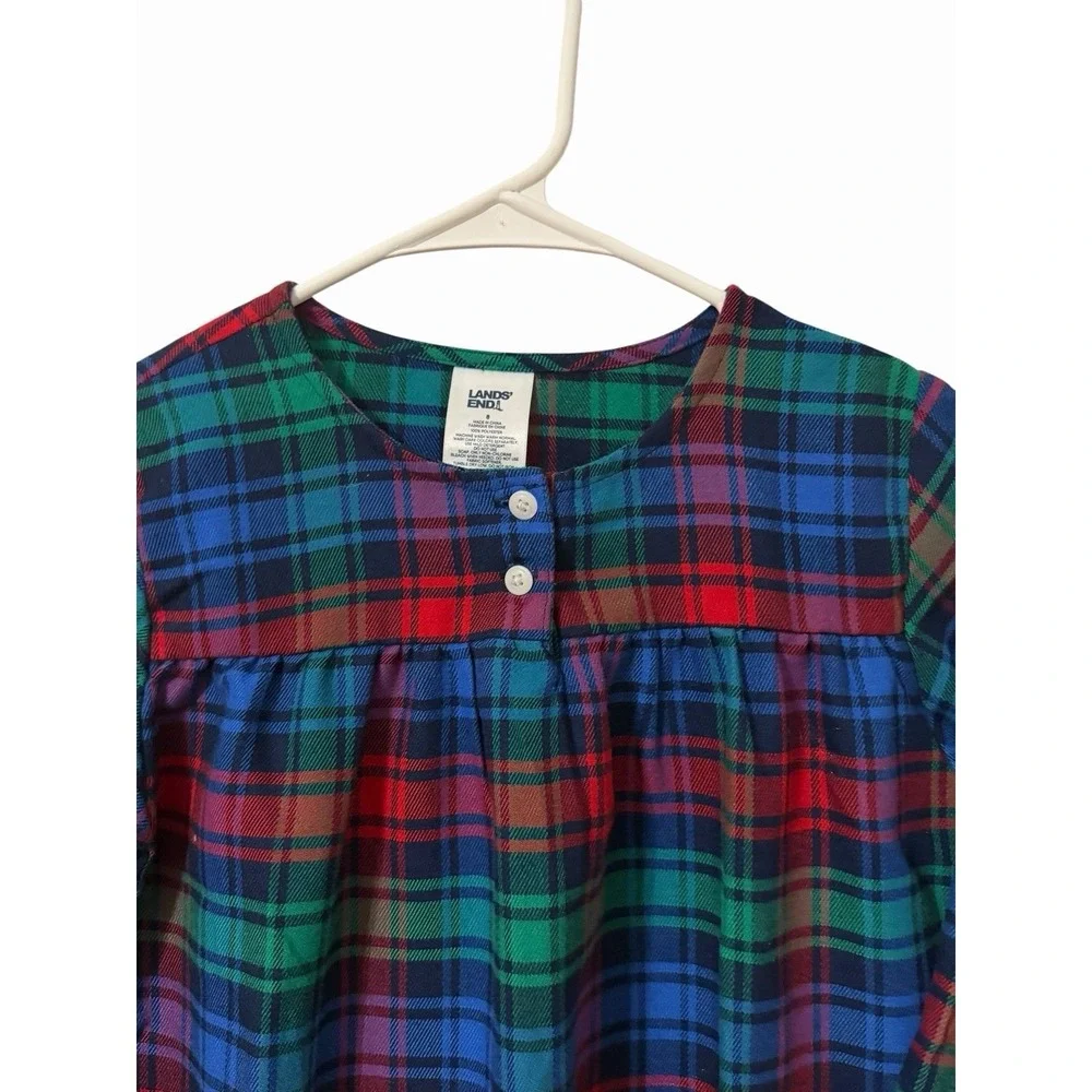Lands End Plaid Flannel Nightgown Girls Size 8 Blue Green Tartan Holiday Classic